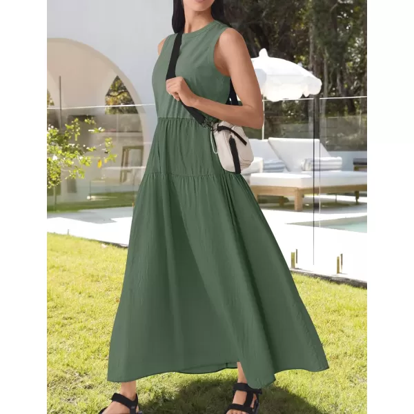 imageZESICA Womens 2024 Summer Sleeveless Midi Dress Casual Crewneck Drawstring High Waist Flowy Tiered Long DressesDark Green
