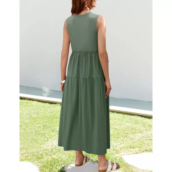 imageZESICA Womens 2024 Summer Sleeveless Midi Dress Casual Crewneck Drawstring High Waist Flowy Tiered Long DressesDark Green