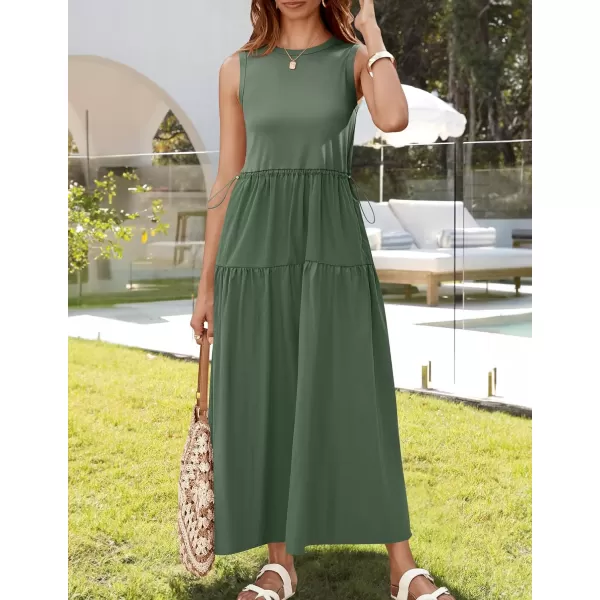 imageZESICA Womens 2024 Summer Sleeveless Midi Dress Casual Crewneck Drawstring High Waist Flowy Tiered Long DressesDark Green