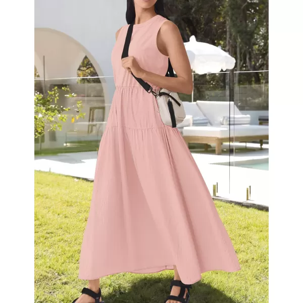imageZESICA Womens 2024 Summer Sleeveless Midi Dress Casual Crewneck Drawstring High Waist Flowy Tiered Long DressesDusty Pink