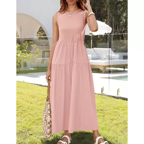 imageZESICA Womens 2024 Summer Sleeveless Midi Dress Casual Crewneck Drawstring High Waist Flowy Tiered Long DressesDusty Pink