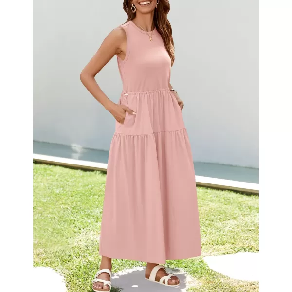 imageZESICA Womens 2024 Summer Sleeveless Midi Dress Casual Crewneck Drawstring High Waist Flowy Tiered Long DressesDusty Pink