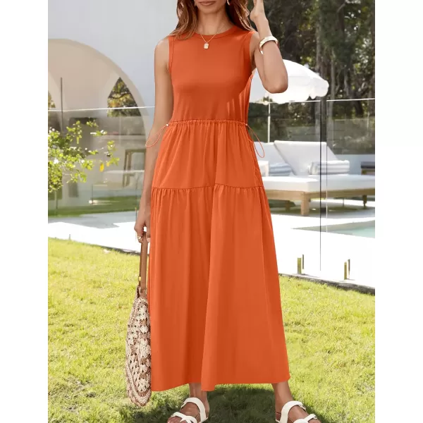 imageZESICA Womens 2024 Summer Sleeveless Midi Dress Casual Crewneck Drawstring High Waist Flowy Tiered Long DressesOrange