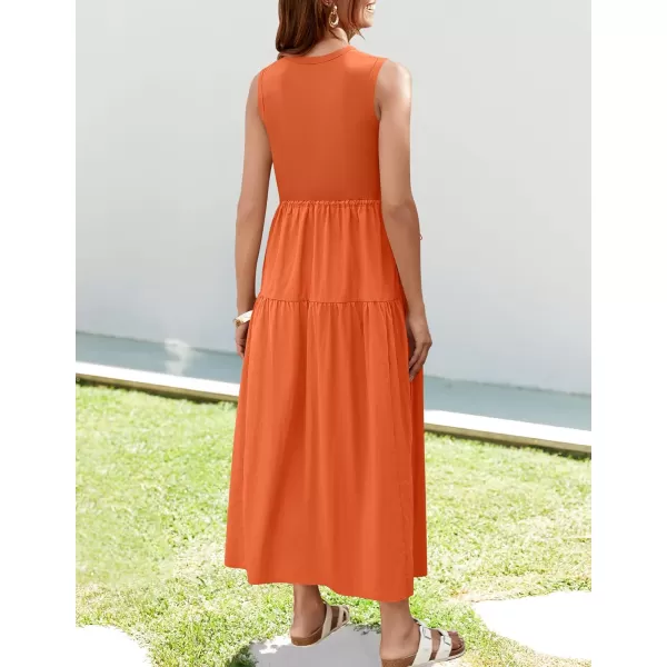 imageZESICA Womens 2024 Summer Sleeveless Midi Dress Casual Crewneck Drawstring High Waist Flowy Tiered Long DressesOrange