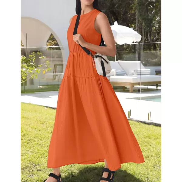 imageZESICA Womens 2024 Summer Sleeveless Midi Dress Casual Crewneck Drawstring High Waist Flowy Tiered Long DressesOrange