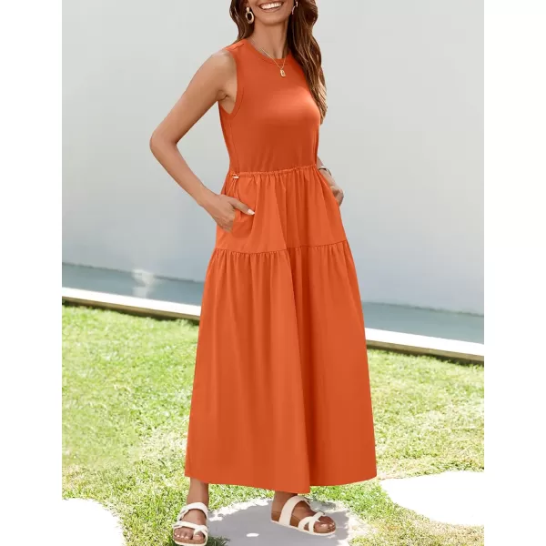 imageZESICA Womens 2024 Summer Sleeveless Midi Dress Casual Crewneck Drawstring High Waist Flowy Tiered Long DressesOrange