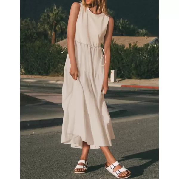 imageZESICA Womens 2024 Summer Sleeveless Midi Dress Casual Crewneck Drawstring Waist Flowy Long Dresses with PocketsApricot