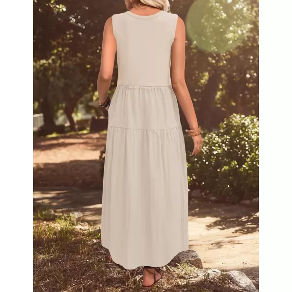 imageZESICA Womens 2024 Summer Sleeveless Midi Dress Casual Crewneck Drawstring Waist Flowy Long Dresses with PocketsApricot