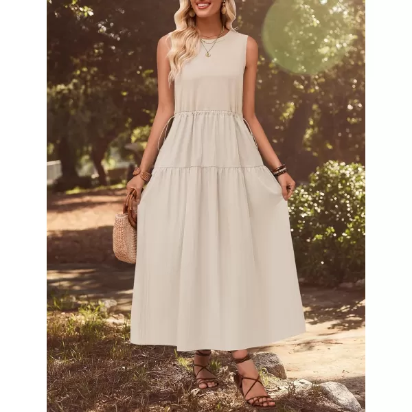imageZESICA Womens 2024 Summer Sleeveless Midi Dress Casual Crewneck Drawstring Waist Flowy Long Dresses with PocketsApricot