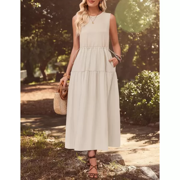 imageZESICA Womens 2024 Summer Sleeveless Midi Dress Casual Crewneck Drawstring Waist Flowy Long Dresses with PocketsApricot