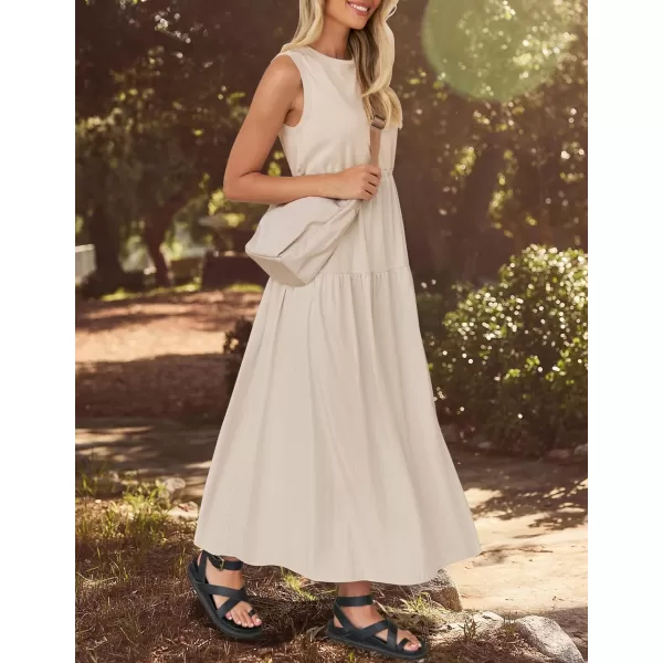 imageZESICA Womens 2024 Summer Sleeveless Midi Dress Casual Crewneck Drawstring Waist Flowy Long Dresses with PocketsApricot