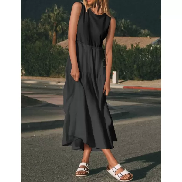imageZESICA Womens 2024 Summer Sleeveless Midi Dress Casual Crewneck Drawstring Waist Flowy Long Dresses with PocketsBlack
