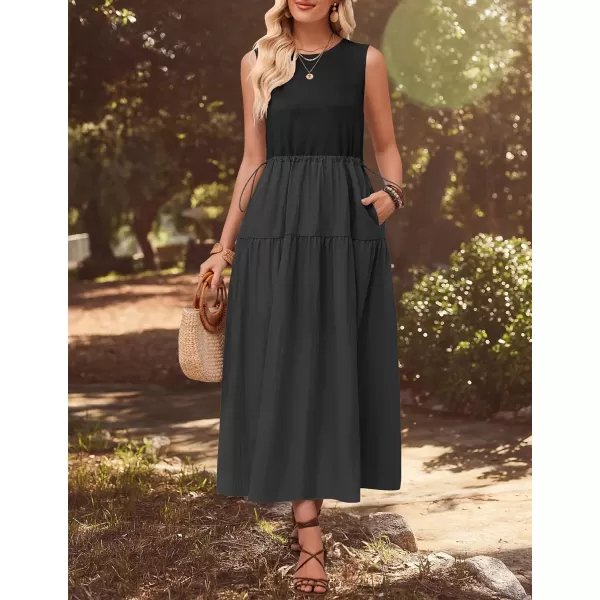 imageZESICA Womens 2024 Summer Sleeveless Midi Dress Casual Crewneck Drawstring Waist Flowy Long Dresses with PocketsBlack