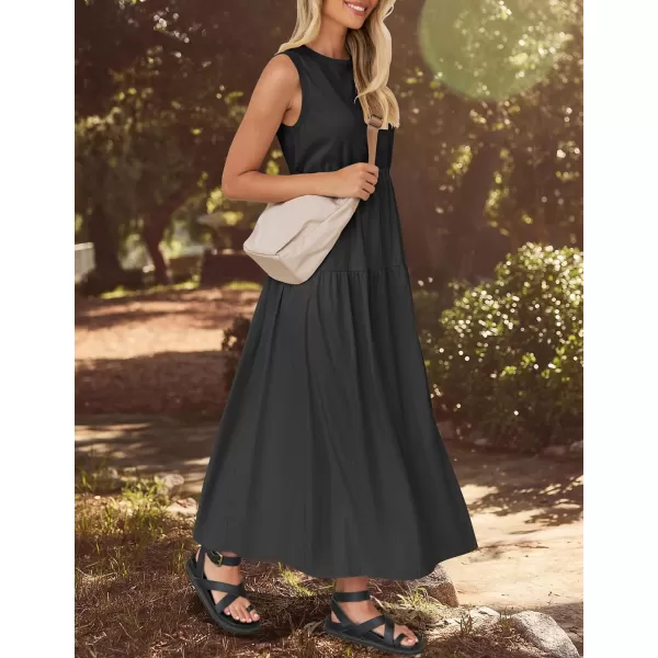 imageZESICA Womens 2024 Summer Sleeveless Midi Dress Casual Crewneck Drawstring Waist Flowy Long Dresses with PocketsBlack