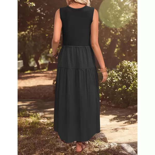 imageZESICA Womens 2024 Summer Sleeveless Midi Dress Casual Crewneck Drawstring Waist Flowy Long Dresses with PocketsBlack