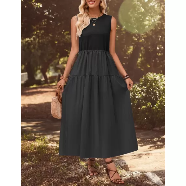 imageZESICA Womens 2024 Summer Sleeveless Midi Dress Casual Crewneck Drawstring Waist Flowy Long Dresses with PocketsBlack
