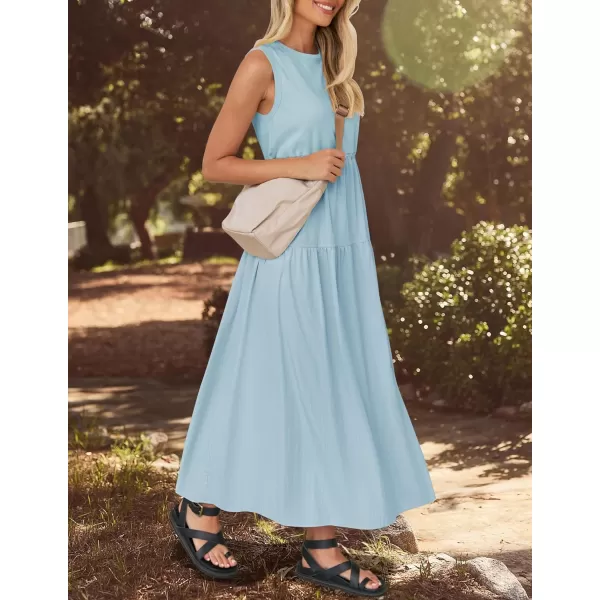 imageZESICA Womens 2024 Summer Sleeveless Midi Dress Casual Crewneck Drawstring Waist Flowy Long Dresses with PocketsBlue