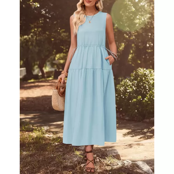 imageZESICA Womens 2024 Summer Sleeveless Midi Dress Casual Crewneck Drawstring Waist Flowy Long Dresses with PocketsBlue