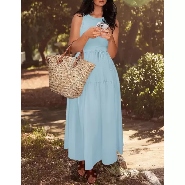 imageZESICA Womens 2024 Summer Sleeveless Midi Dress Casual Crewneck Drawstring Waist Flowy Long Dresses with PocketsBlue