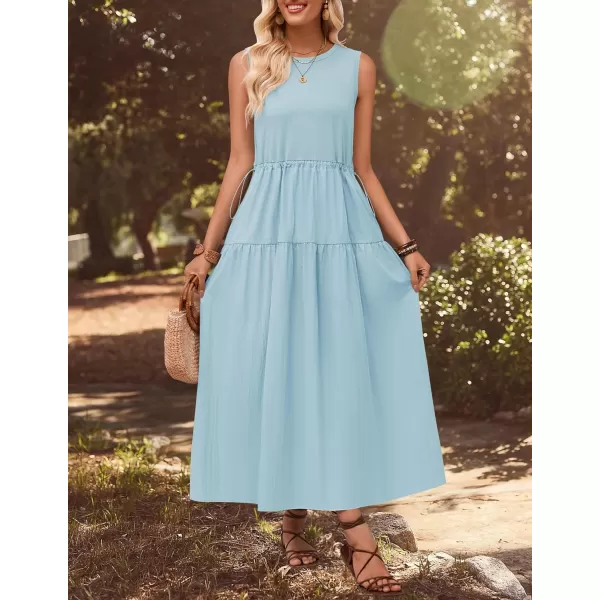imageZESICA Womens 2024 Summer Sleeveless Midi Dress Casual Crewneck Drawstring Waist Flowy Long Dresses with PocketsBlue