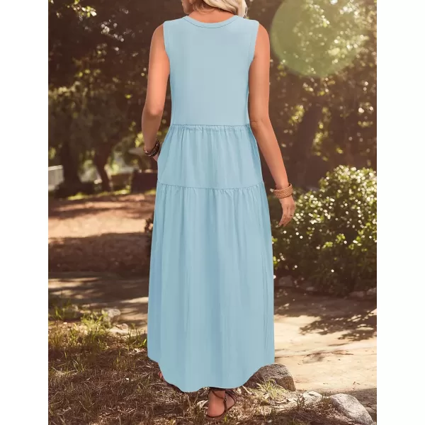 imageZESICA Womens 2024 Summer Sleeveless Midi Dress Casual Crewneck Drawstring Waist Flowy Long Dresses with PocketsBlue