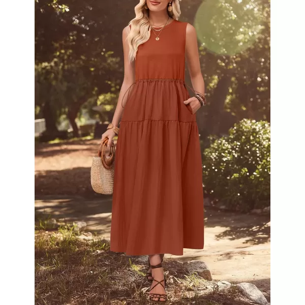 imageZESICA Womens 2024 Summer Sleeveless Midi Dress Casual Crewneck Drawstring Waist Flowy Long Dresses with PocketsBrick Red