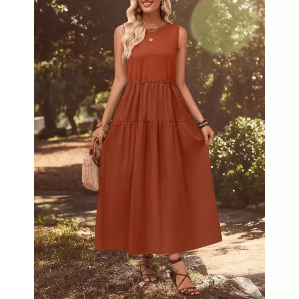 imageZESICA Womens 2024 Summer Sleeveless Midi Dress Casual Crewneck Drawstring Waist Flowy Long Dresses with PocketsBrick Red