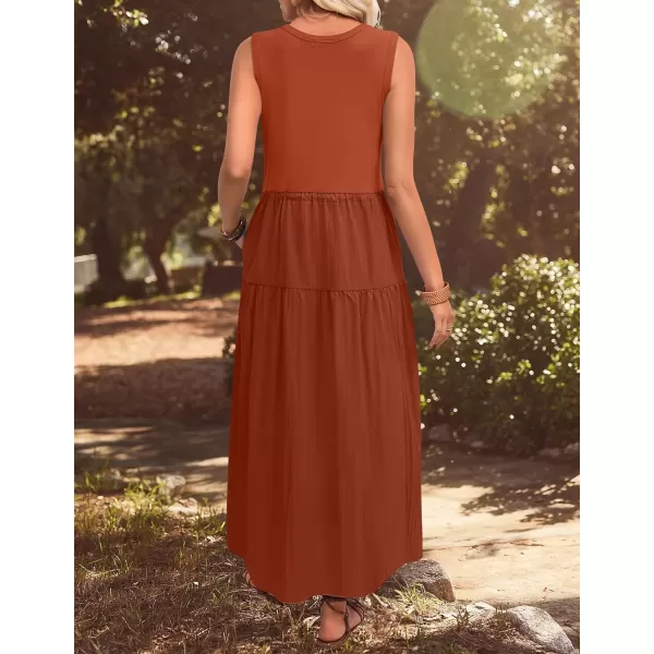 imageZESICA Womens 2024 Summer Sleeveless Midi Dress Casual Crewneck Drawstring Waist Flowy Long Dresses with PocketsBrick Red