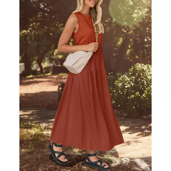 imageZESICA Womens 2024 Summer Sleeveless Midi Dress Casual Crewneck Drawstring Waist Flowy Long Dresses with PocketsBrick Red