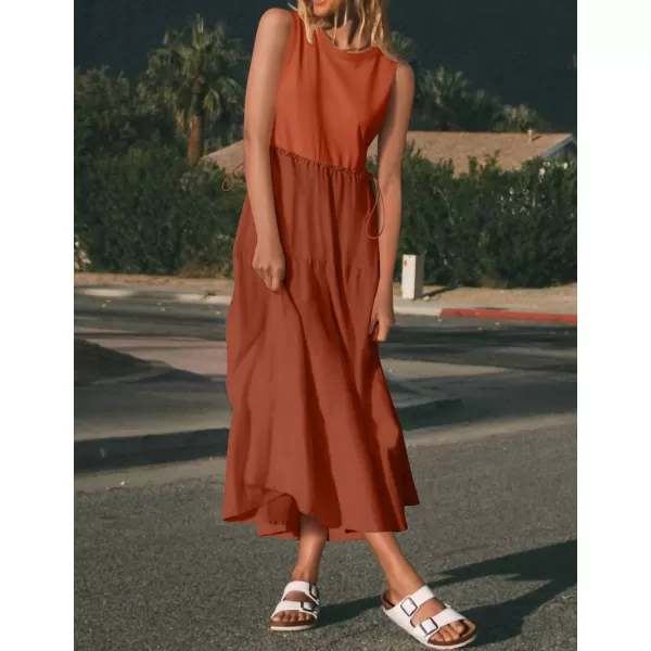 imageZESICA Womens 2024 Summer Sleeveless Midi Dress Casual Crewneck Drawstring Waist Flowy Long Dresses with PocketsBrick Red