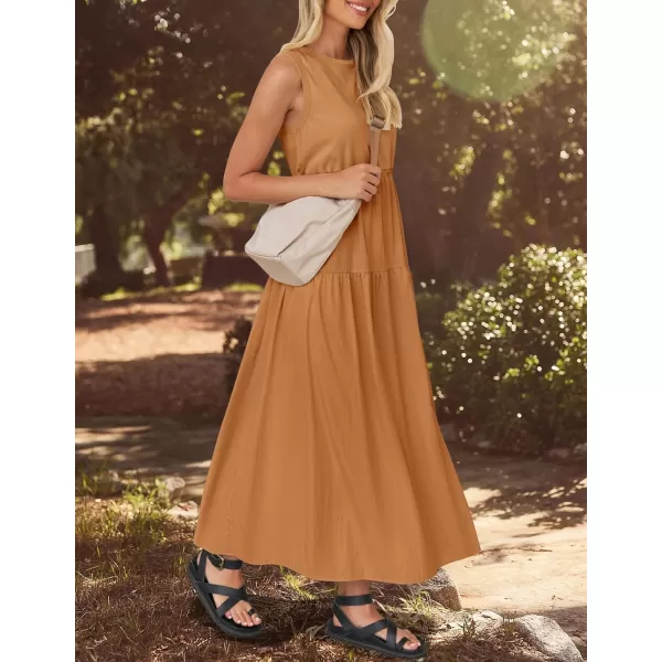 imageZESICA Womens 2024 Summer Sleeveless Midi Dress Casual Crewneck Drawstring Waist Flowy Long Dresses with PocketsClay Brown