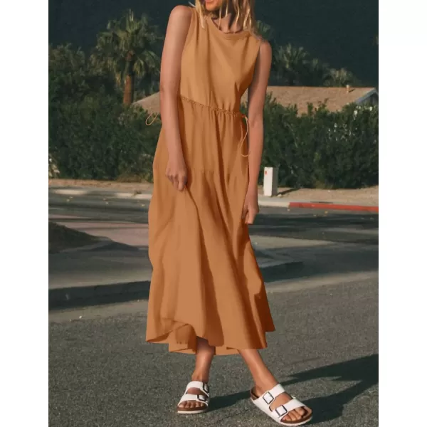 imageZESICA Womens 2024 Summer Sleeveless Midi Dress Casual Crewneck Drawstring Waist Flowy Long Dresses with PocketsClay Brown