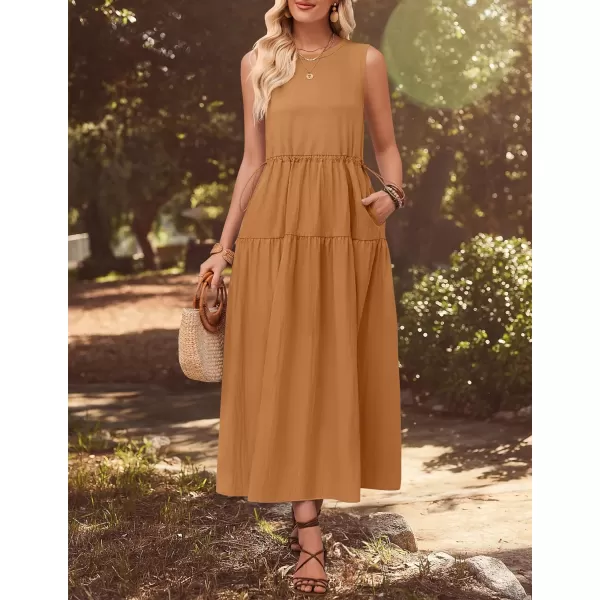 imageZESICA Womens 2024 Summer Sleeveless Midi Dress Casual Crewneck Drawstring Waist Flowy Long Dresses with PocketsClay Brown