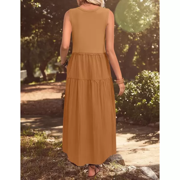 imageZESICA Womens 2024 Summer Sleeveless Midi Dress Casual Crewneck Drawstring Waist Flowy Long Dresses with PocketsClay Brown
