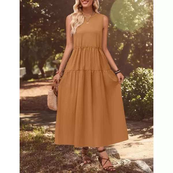 imageZESICA Womens 2024 Summer Sleeveless Midi Dress Casual Crewneck Drawstring Waist Flowy Long Dresses with PocketsClay Brown