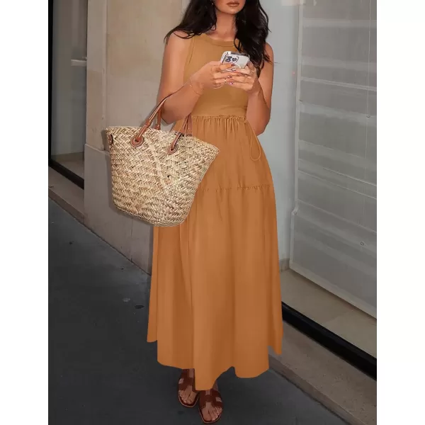imageZESICA Womens 2024 Summer Sleeveless Midi Dress Casual Crewneck Drawstring Waist Flowy Long Dresses with PocketsClay Brown