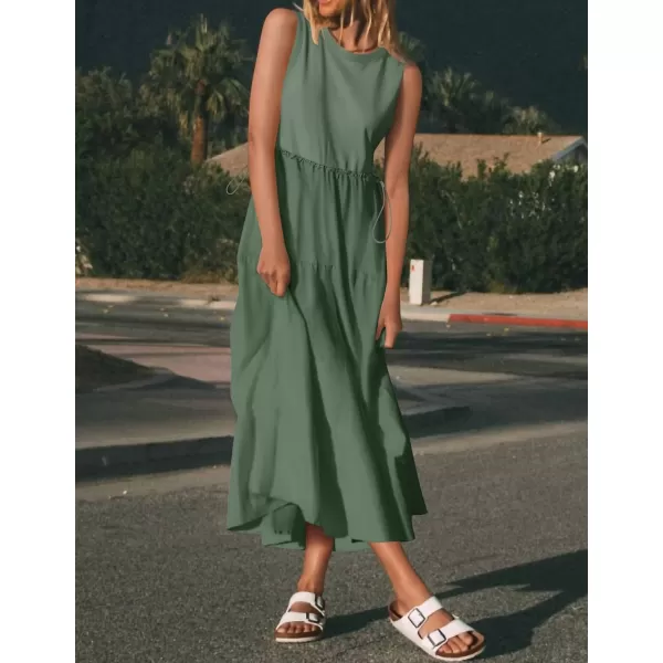 imageZESICA Womens 2024 Summer Sleeveless Midi Dress Casual Crewneck Drawstring Waist Flowy Long Dresses with PocketsDark Green
