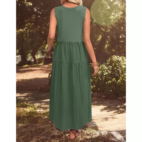 imageZESICA Womens 2024 Summer Sleeveless Midi Dress Casual Crewneck Drawstring Waist Flowy Long Dresses with PocketsDark Green