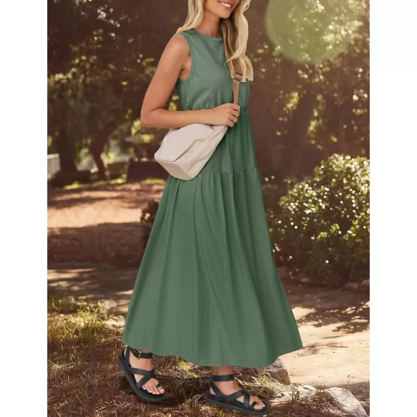 imageZESICA Womens 2024 Summer Sleeveless Midi Dress Casual Crewneck Drawstring Waist Flowy Long Dresses with PocketsDark Green