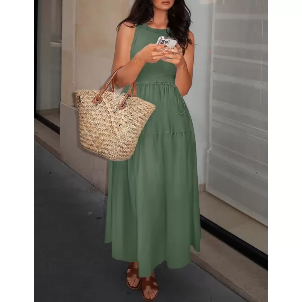 imageZESICA Womens 2024 Summer Sleeveless Midi Dress Casual Crewneck Drawstring Waist Flowy Long Dresses with PocketsDark Green