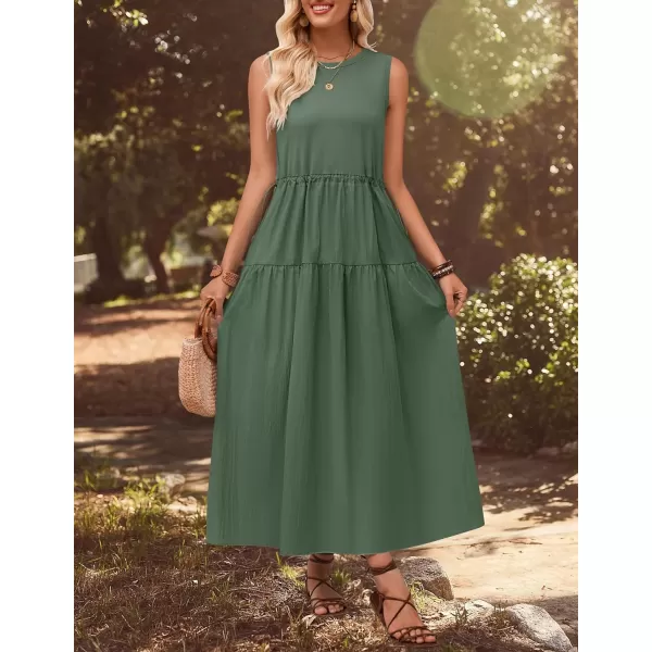 imageZESICA Womens 2024 Summer Sleeveless Midi Dress Casual Crewneck Drawstring Waist Flowy Long Dresses with PocketsDark Green