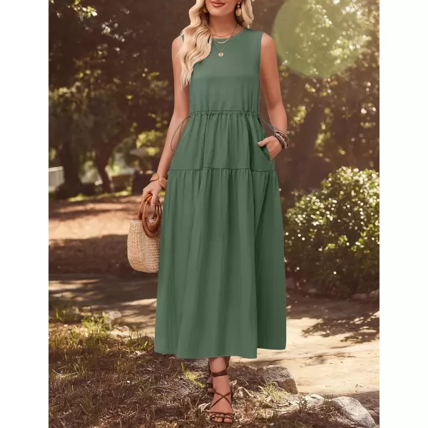 imageZESICA Womens 2024 Summer Sleeveless Midi Dress Casual Crewneck Drawstring Waist Flowy Long Dresses with PocketsDark Green