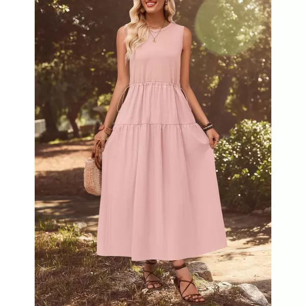 imageZESICA Womens 2024 Summer Sleeveless Midi Dress Casual Crewneck Drawstring Waist Flowy Long Dresses with PocketsDusty Pink