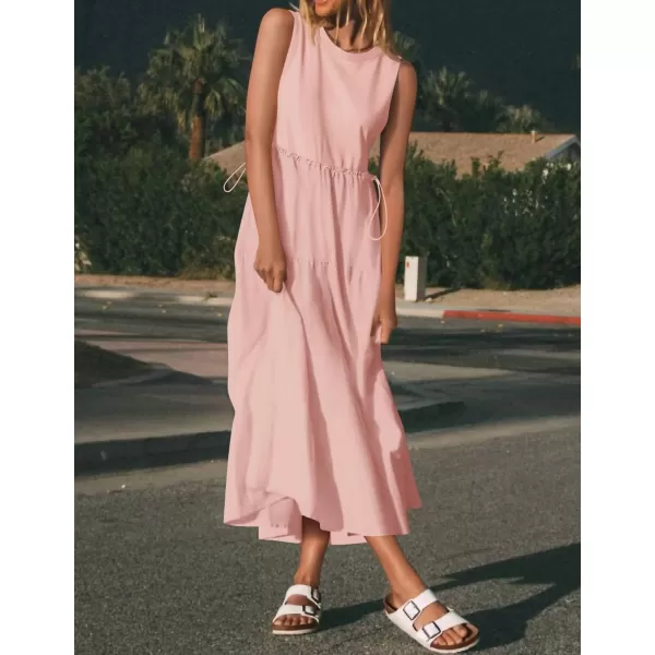 imageZESICA Womens 2024 Summer Sleeveless Midi Dress Casual Crewneck Drawstring Waist Flowy Long Dresses with PocketsDusty Pink