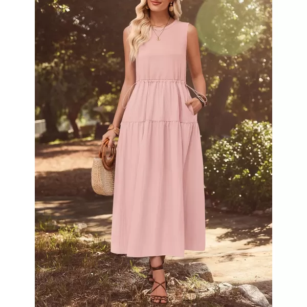 imageZESICA Womens 2024 Summer Sleeveless Midi Dress Casual Crewneck Drawstring Waist Flowy Long Dresses with PocketsDusty Pink