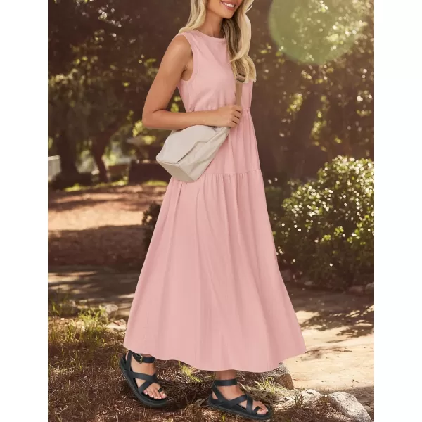 imageZESICA Womens 2024 Summer Sleeveless Midi Dress Casual Crewneck Drawstring Waist Flowy Long Dresses with PocketsDusty Pink