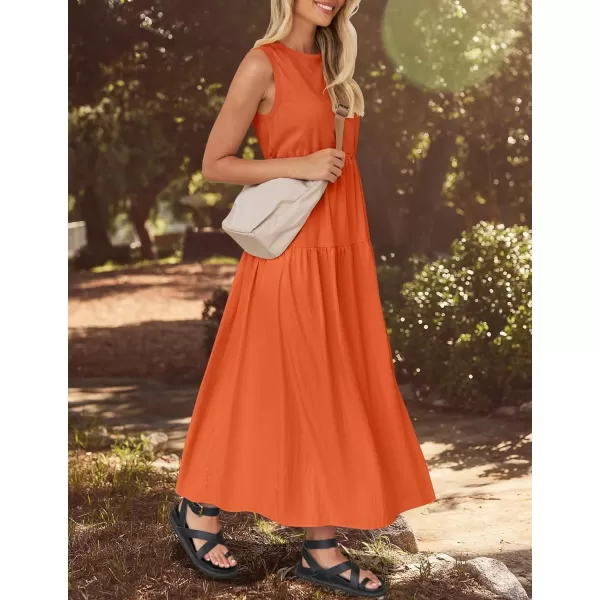 imageZESICA Womens 2024 Summer Sleeveless Midi Dress Casual Crewneck Drawstring Waist Flowy Long Dresses with PocketsOrange