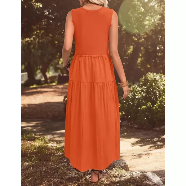 imageZESICA Womens 2024 Summer Sleeveless Midi Dress Casual Crewneck Drawstring Waist Flowy Long Dresses with PocketsOrange