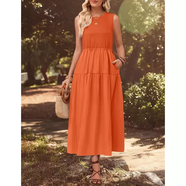imageZESICA Womens 2024 Summer Sleeveless Midi Dress Casual Crewneck Drawstring Waist Flowy Long Dresses with PocketsOrange