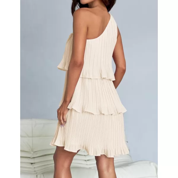 imageZESICA Womens 2024 Summer Sleeveless Mini Dress Boho One Shoulder Ruffle Tiered Layered Chiffon Flowy A Line DressesApricot